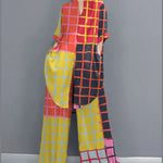 Boho Red Peter Pan Collar shirt wide leg pants Satin Two Pieces Set Spring