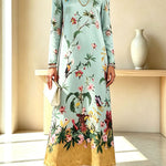 Cecilia Satin Colorful Baroque Style Printed Long Sleeve Feather Trim Maxi Dress