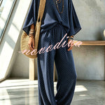 Retro Style Polka Dot Print Batwing Sleeve Top and Elastic Waist Loose Jogger Pants Set