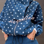 Kadence Polka Dot Zipper Lapel High Neck Drawstring Hem Sporty Jacket