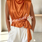 L'Aura Padded-Shoulder Wrap-Around Satin Top