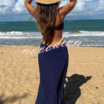 Metal Shell Straps Elastic Bikini and Slit Cover-up Dress Three-piece Set