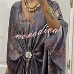 Airy Satin Unique Print V-neck Gemstone Embellished Drape Robe Maxi Dress