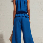 Linen Blend Round Neck Sleeveless Ruffled Top and Elastic Waist Casual Pocket Wide-leg Pants Set