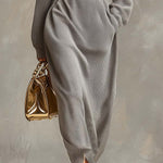 Exquisite Casual Lapel Front Zipper Long Sleeve Light Gray Waffle Fabric Maxi Dress