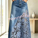 Stylish and Elegant Denim Side Panels Flower Crochet Lace Pocket Maxi Skirt