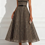 Stardust Plaid and Sequin Bow Patchwork Detail Strapless A-line Midi Dress