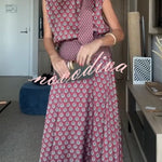 Dalena Satin Art Print High Tie-up Neck Short Sleeve Top and High Rise Maxi Skirt Set