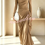 Elegant High Neck Long Sleeve Pleated Draped Fitted Maxi Dress