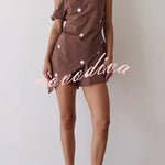 Unique Printed Asymmetrical Off-shoulder Top and Elastic Waist Casual Pocket Shorts Set