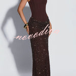 Yeona Square Neck Back Lace-up Sequin Embellished Drape Cowl Overlay Maxi Dress