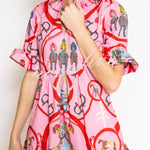 Churchill Social Playful Warhorse Print Stand Neck Ruffle Sleeve Belted Pocket Caftan Midi Dress