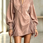 Suede Embroidered Print Tassel Stand Neck Long Sleeve Pocket Mini Dress