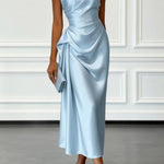 Satin One-shoulder Pleated Waist Elegant Midi Dress