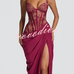 Bonita Floral Lace Contrast Structural Detail Asymmetrical Pleats Halter Slit Maxi Dress