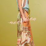 Alberta Satin Unique Color-blocked Print Tie Detail Layered Scarf Midi Dress
