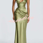 Emina Satin One Shoulder Asymmetrical Neck Cutout Back Lace-up Drape Maxi Dress