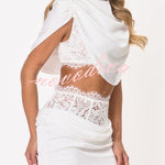 Tanya Satin High Neck Ruched Crop Top and  Lace Cinched Waist Sequin Detail Mini Skirt Set