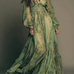 Botanical Print V-neck Long-sleeved Fitted Waist Casual Maxi Dress