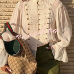 French Romantic Metal Button-down Pleated Ruffle Sleeve Napoleon Shirt