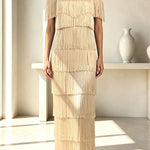 Elowyn Mesh Tiered Tassel Patchwork Round Neck Cape Sleeve Midi Dress