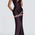 Emina Satin One Shoulder Asymmetrical Neck Cutout Back Lace-up Drape Maxi Dress
