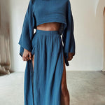 Chic slit cotton and linen casual two-piece set