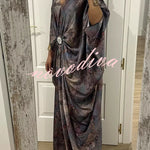 Airy Satin Unique Print V-neck Gemstone Embellished Drape Robe Maxi Dress