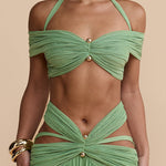 Martina Stretch Mesh Gold Metal Detail Gathered Sweetheart Crop Halter Vacation Tank