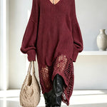 Knit V-neck Long Sleeve Asymmetrical Cut-out Detail Hem Loose Sweater Midi Dress