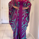 Batwing Sleeves Long Sleeves Contrast Color Printed Split-Front Split-Joint V-Neck Maxi Dresses