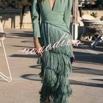 Elegant Night V-Neck Long Sleeve Layered Tassel Hem Maxi Dress