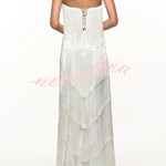 Party Queen Layered Tassel Design Off Shoulder Back Tie-up Maxi Dress