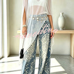 Stylish and Distinctive Leopard Print Denim High Rise Pocket Wide Leg Jeans