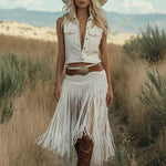 Retro Premium Western Style Brown Belt White Suede Tassel Skirt