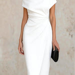 Solid Color Short-sleeved Fitted Waist Pleated Elegant Midi Dress