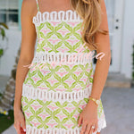 Summer Elegant Printed Curved Crochet Trim Slip H-line Mini Dress