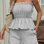 Striped Printed Sleeveless Off-shoulder Ruched Top and Elastic Waist Casual Pocket Shorts Set