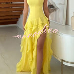 Elegant Sleeveless Off-shoulder Fitted Ruffled High Slit Maxi Dress