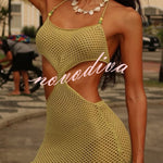 Fashionable Openwork Knit Halter Neck Tie Slim Fit Cover-up Mini Dress