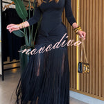 Kyra Shoulder Pads Long Sleeve Twist Design Tassel Hem Stretch Maxi Dress