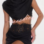 Tanya Satin High Neck Ruched Crop Top and  Lace Cinched Waist Sequin Detail Mini Skirt Set