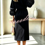 Linen Blend Flowers Buttons Floral Cuffs Sleeve Top and Elastic Waist Pocket Midi Skirt Set