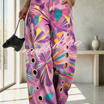 Faux Denim Unique Print Mid Rise Silver Stud Detail  Pocket Barrel Pants