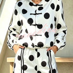Napoleon Colorblock Polka Dot Zipper High Neck Chinese Style Buttons Pocket Sporty Jacket