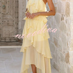 Solid Color Chiffon Halter Neck Elegant Ruffle Maxi Dress
