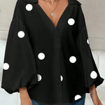 Stylish Polka Dot Print Collared Puff Sleeve Loose Shirt