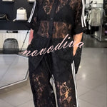 Mix Fashion Lace Striped Trim Short Sleeve Button Shirt and Elastic Waist Pocket Loose Pants Set