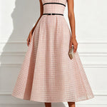 Stardust Plaid and Sequin Bow Patchwork Detail Strapless A-line Midi Dress