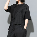 Fake Two-piece Straight Lace-up Striped Patchwork T-shirt